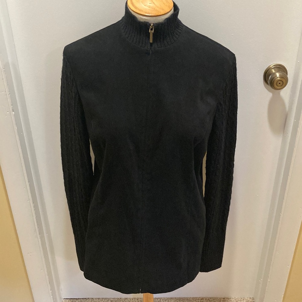 Talbots Stretch Black Zip Up Jacket with Cable-knit Sweater Sleeves Size 10